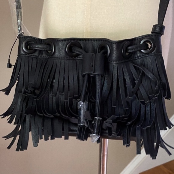 Anthropologie Cassolini Black  Flutter Fringe Mini Bucket  Bag - Picture 3 of 7